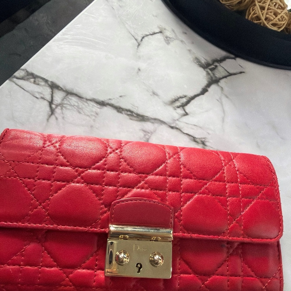 Dior Red Quilted Cannage Lambskin Wallet with Gold Hardware